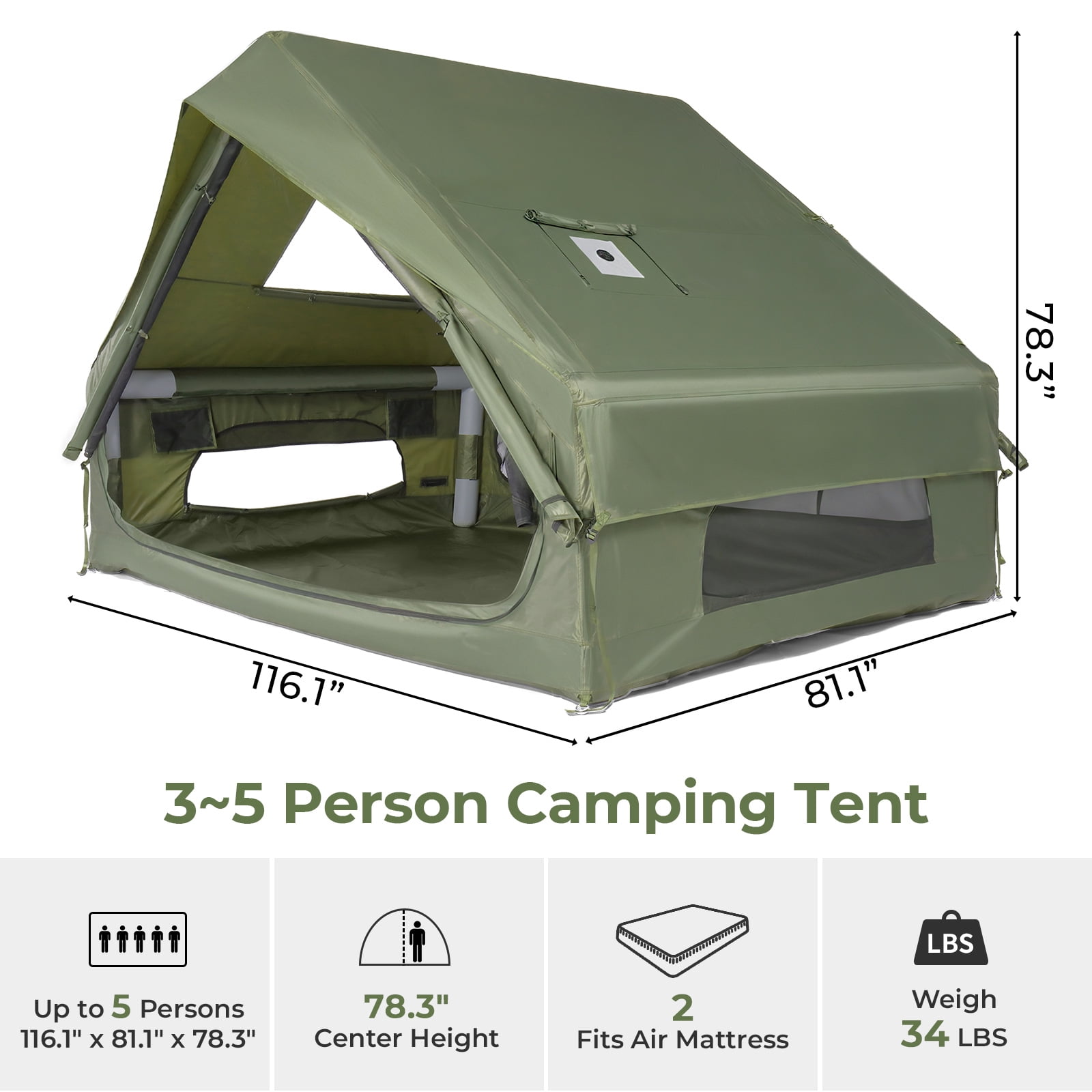 Ktaxon Inflatable Tent with Hand Pump for Camping, Easy Setup Air Glamping Tents, All-Weather Waterproof Blow up Camping Tent for Family, Green