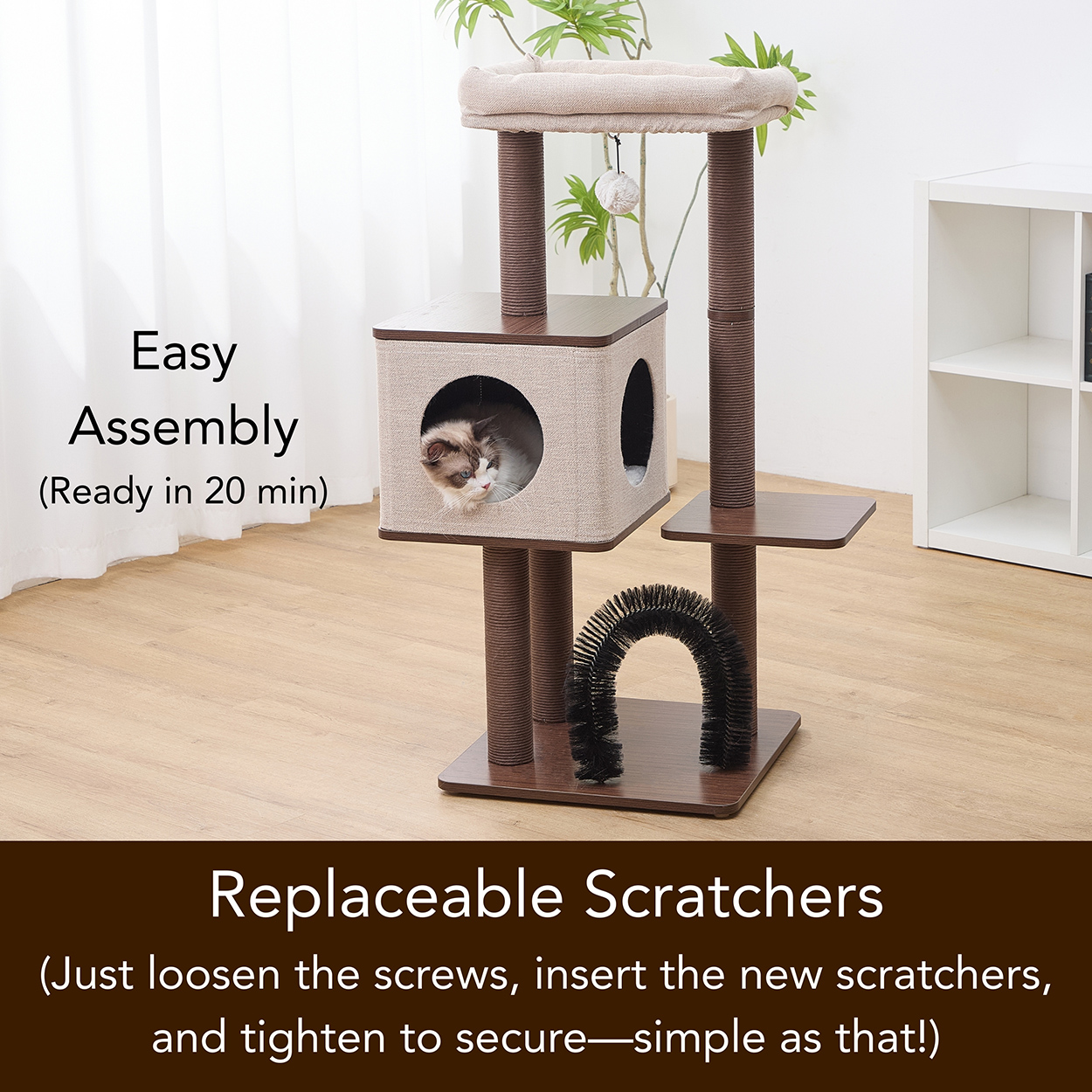PetPals® Elevate  37” Modern Cat Tree with Recycled Paper Rope Posts, Washable Bed & Condo, Brown