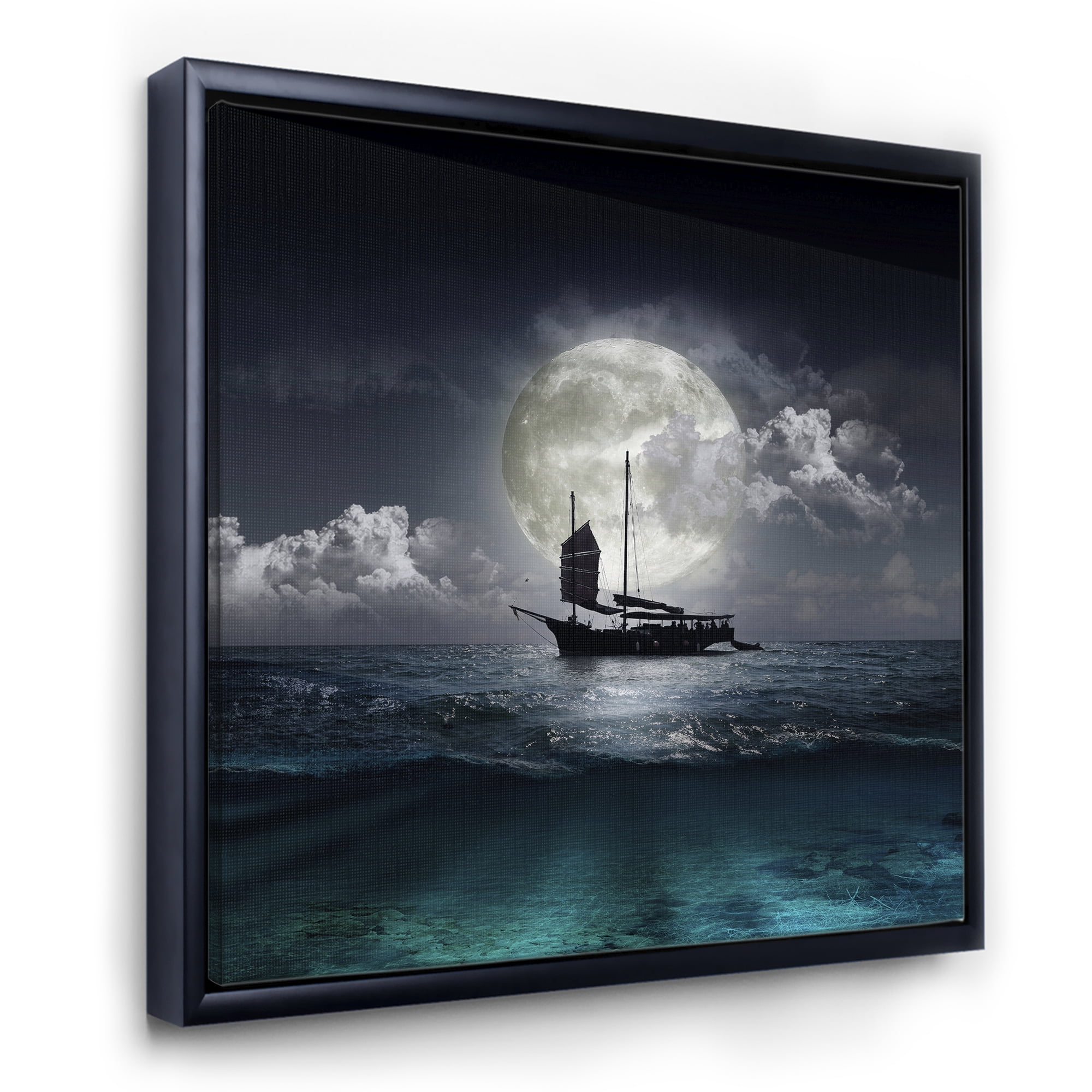 Designart 'The Lake During Full Moon With Fisher Boat' Nautical & Coastal Framed Canvas Wall Art Print