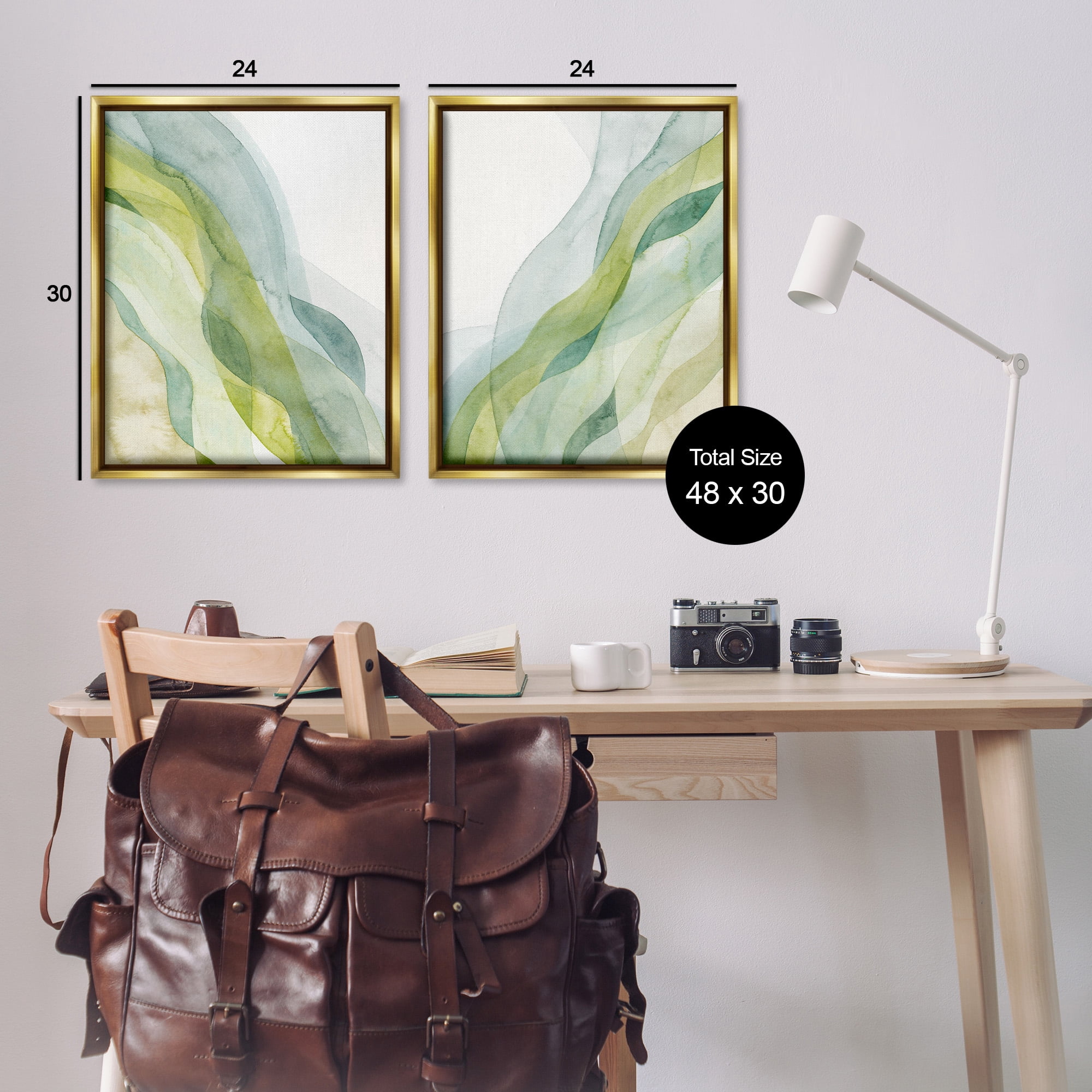 Stupell Industries Abstract Green Waves Abstract Painting Gold Floater Framed Canvas Art Print Wall Art, 25 x 31, Set of 2
