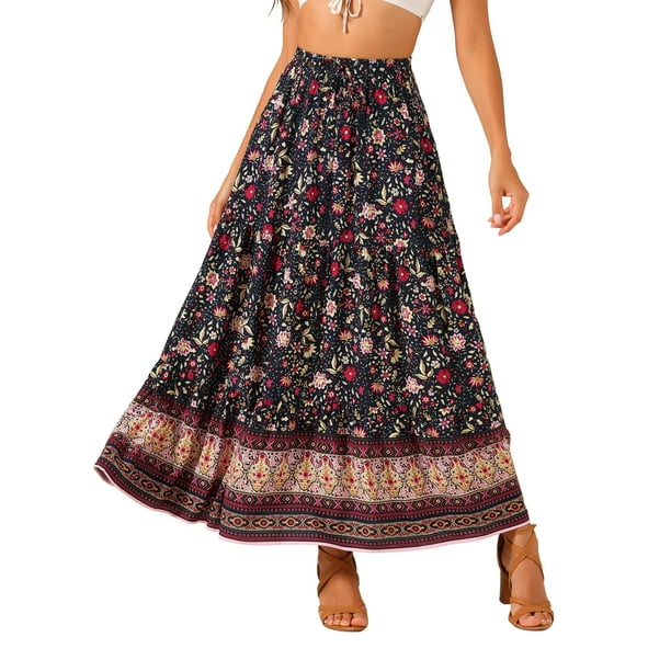 Faldas Boho para Mujeres INSPIRE CHIC con Estampado Floral, Faldas Maxi Casual de Cintura Elástica para Primavera Verano, S Negro