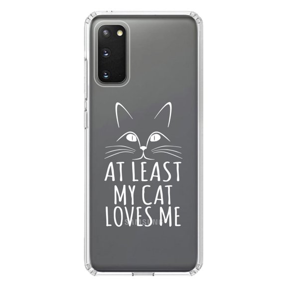 DistinctInk Clear Shockproof Hybrid Case for Galaxy S20 / S20 5G (6.2" Screen) - TPU Bumper Acrylic Back Tempered Glass Screen Protector - At Least My Cat Loves Me