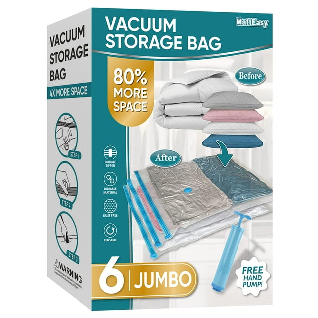 Bolsas de almacenamiento al vacío MattEasy, paquete de 6 unidades, tamaño Jumbo, con bomba, 100 x 70 cm