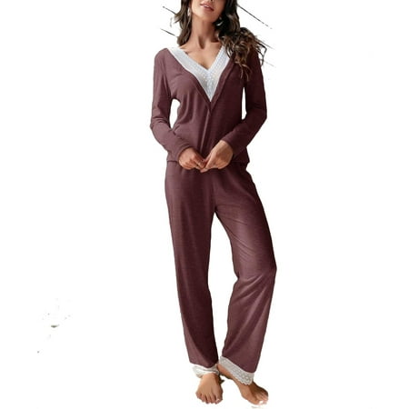 

Casual V neck Pant Sets Long Sleeve Maroon Womens Pajama Sets (Women s)