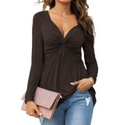 Esobo Women V-Neck Front Knotted Blouse Shirt Long Sleeve Elegant Casual Solid Color Pullover Tops