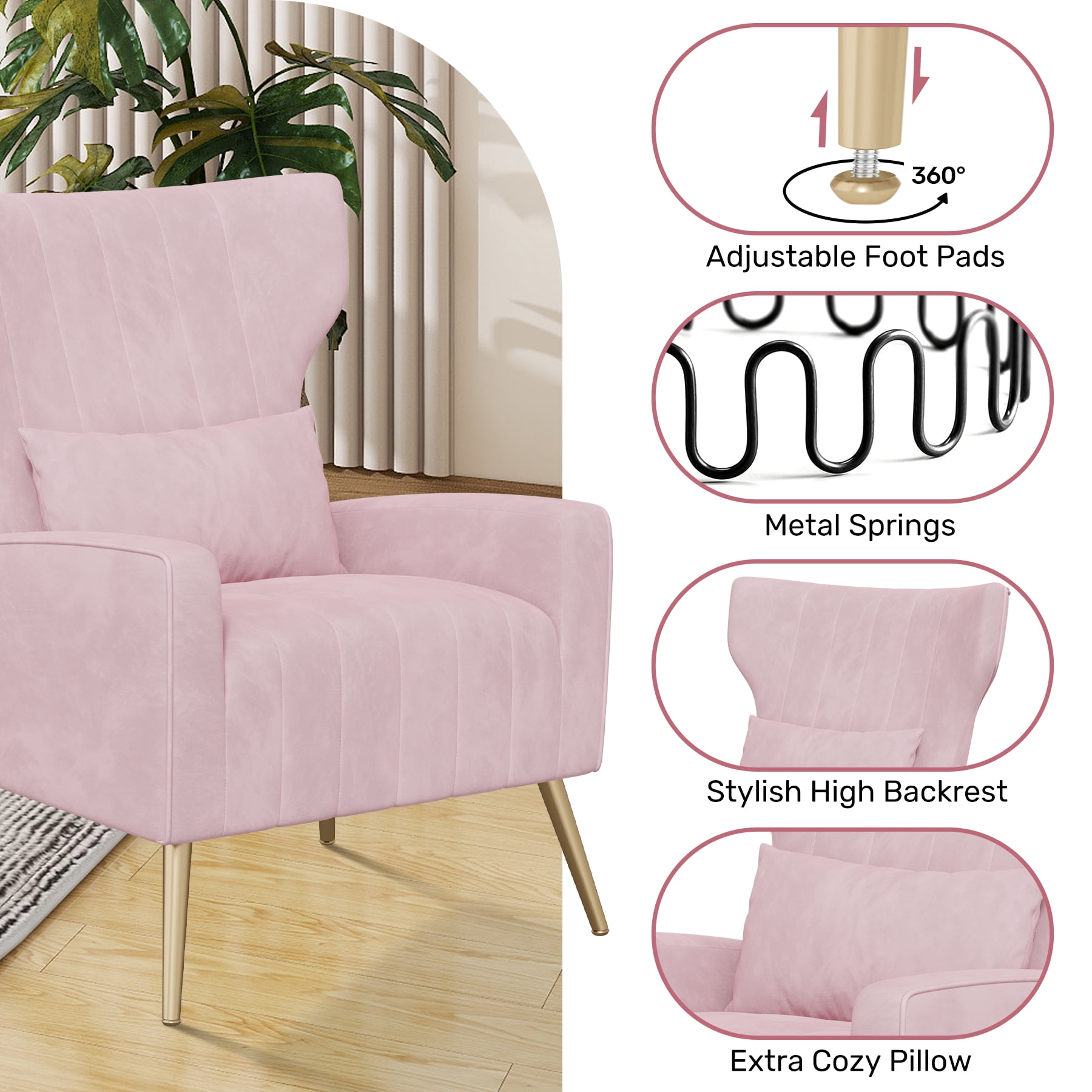 MOONMISS Velvet Accent Chair for Living Room, Modern Arm Chair with Pillow, Single Sofa Lounge Chair for Bedroom & Reading Room,Pink