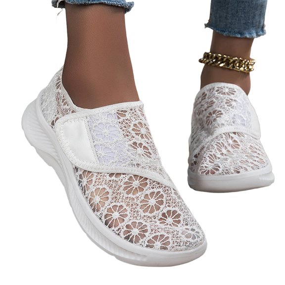 LTTVQM Orthopedic Shoes for Women Lace Snap Breathable Running Shoes Floral Embroidery Sneakers Mesh Arch Support Slip On Walking Shoes White 40(US-8)