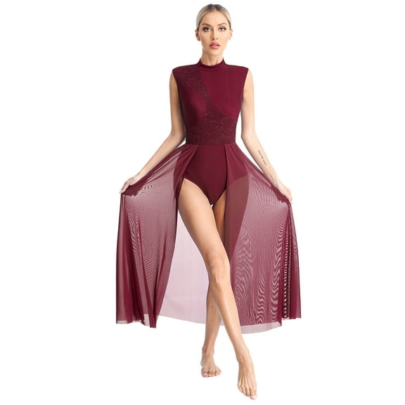 Alvivi Womens Lyrical Ballet Dance Costume Sleeveless Flowy Tulle Leotard Dresses Burgundy XXL
