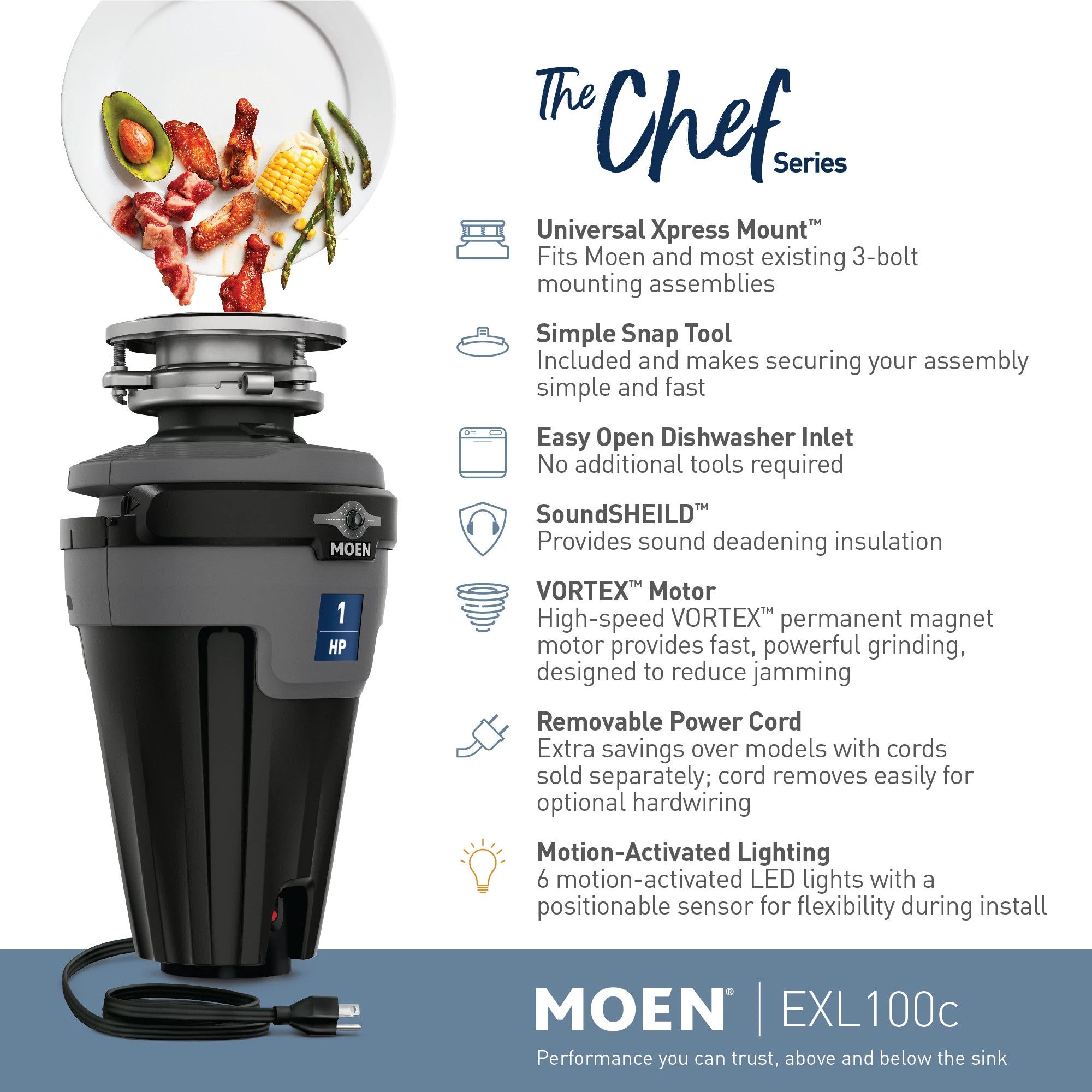 Moen Chef Series EXL100C 1HP Lighted Garbage Disposal