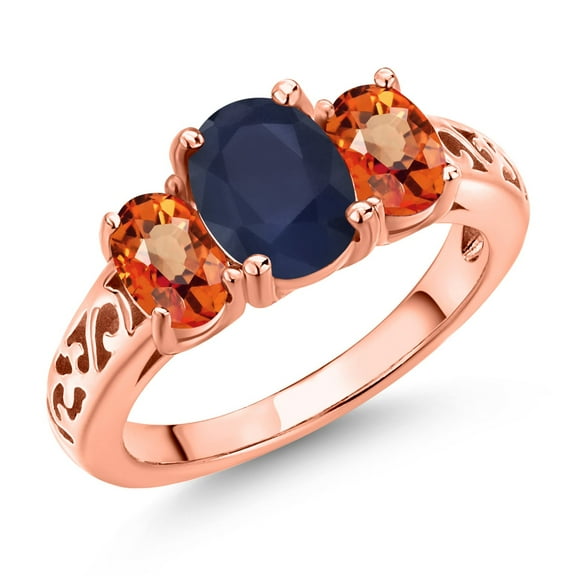 Gem Stone King 18K Rose Gold Plated Silver Blue Sapphire and Orange Sapphire Filigree Style 3 Stone Ring for Women (2.90 Cttw, Oval 8X6MM and 6X4MM) (Size 7)