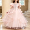 thumbnail image 5 of LEKWK Girls Tulle Ball Gown Puff Sleeve Ruffled Ribbon Formal Princess Dress with Lace Embroidery Prom Gown Wedding Flower Girl Dress for Birthday Party, 5 of 6