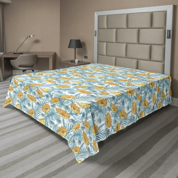 Ambesonne Floral Flat Sheet, Graphics of Exotic Flowers, California King, Pale Orange Pale Blue