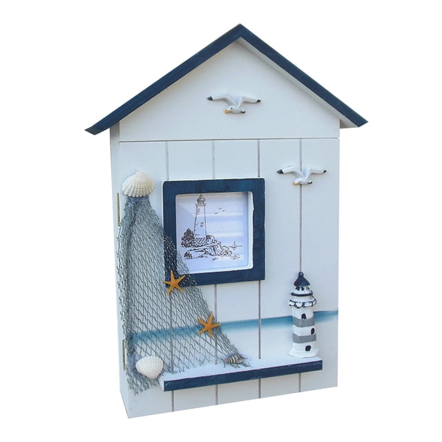 Soporte de llaves Caja de diseño de casa montada en la pared Colgante de pared Colgador de almacenamiento de llaves Estuche de madera, parte superior azul, faro seitruly HA8882-05B
