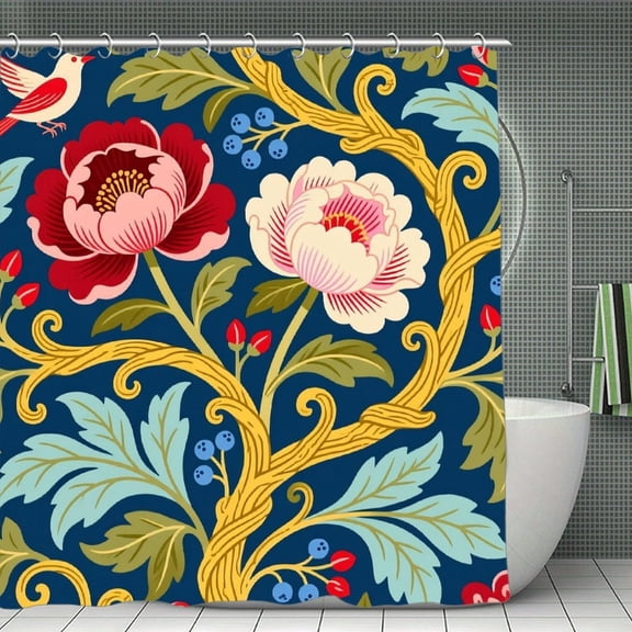 Navy Blue Flower Botanical Print Shower Curtain,Modern Fabric Waterproof Shower Curtain Set with Hooks 70.8×70.8Inch (180×180cm)