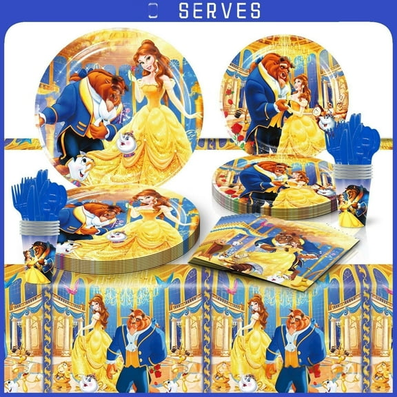 81 Pcs Belle Princess Party Tableware Set, Birthday Party Supplies, Table Cover,Paper Plates, Napkins, Cups, Knives, Spoons and Forks