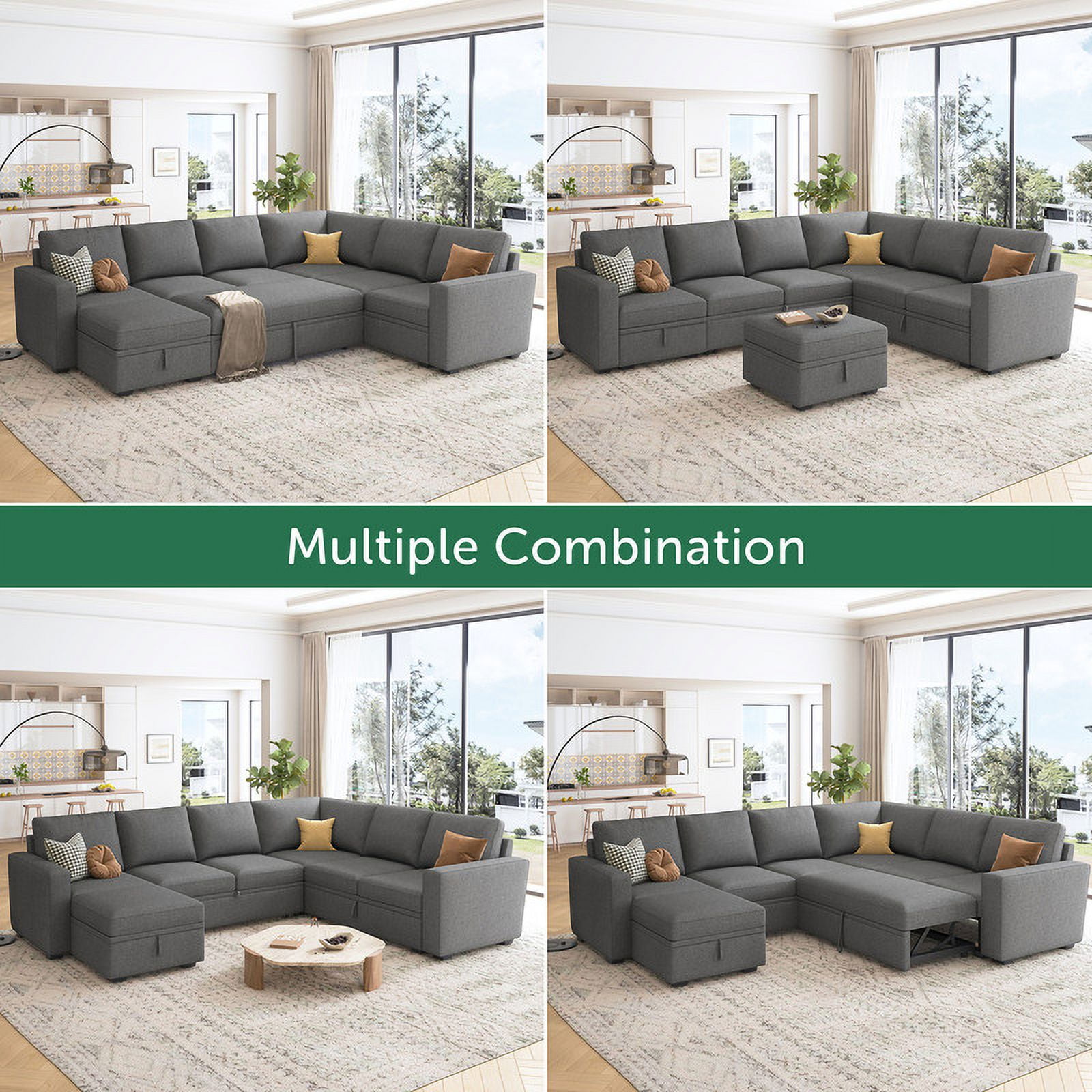 Marrber Sectional Linen Sleeper Sofa Bed with Storage and Pull-Out Couch for Living Room, Grey