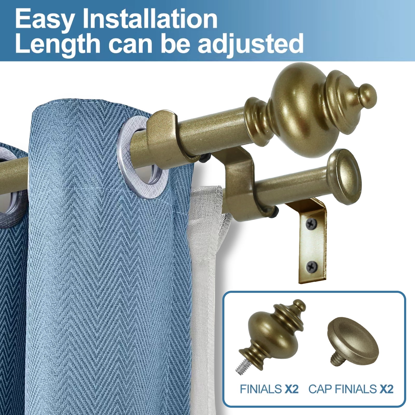 Urbanest Adjustable Double Curtain Rod Set Metal with Decorative Round Urn Finials, Heavy-Duty, 48"-84", Antique Gold