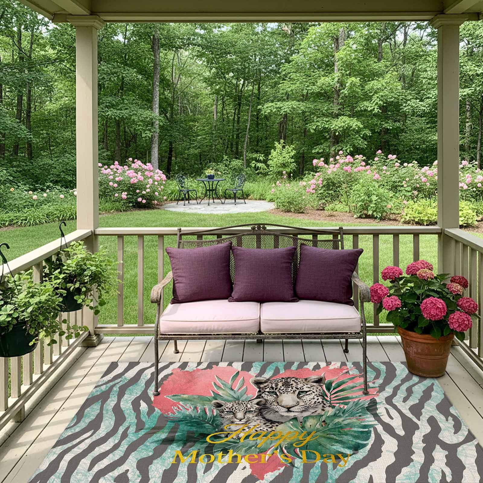 Happy Mother's Day Outdoor Rug 4x6 Ft, Non Slip Washable Area Rug, Leopards Teal Abstract Art Patio Rugs Carpet Runner, Large Floor Mat for Indoor/Outdoor Deck Porch Camping