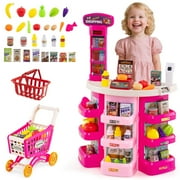 Supermarket Playset for Kids with Shopping Cart,76 Pices Pink, Pretend Play Grocery Store for Toddler +3 Year, Mundo Toys