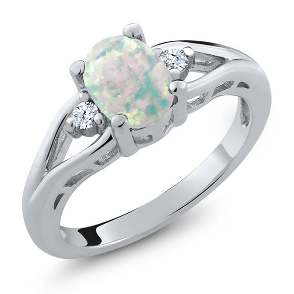 Gem Stone King 925 Sterling Silver White Simulated Opal 3 Stone Engagement Ring for Women | 1.11 Cttw | Oval Cabochon 8X6MM | Round 2MM | Gemstone October Birthstone | Size 9
