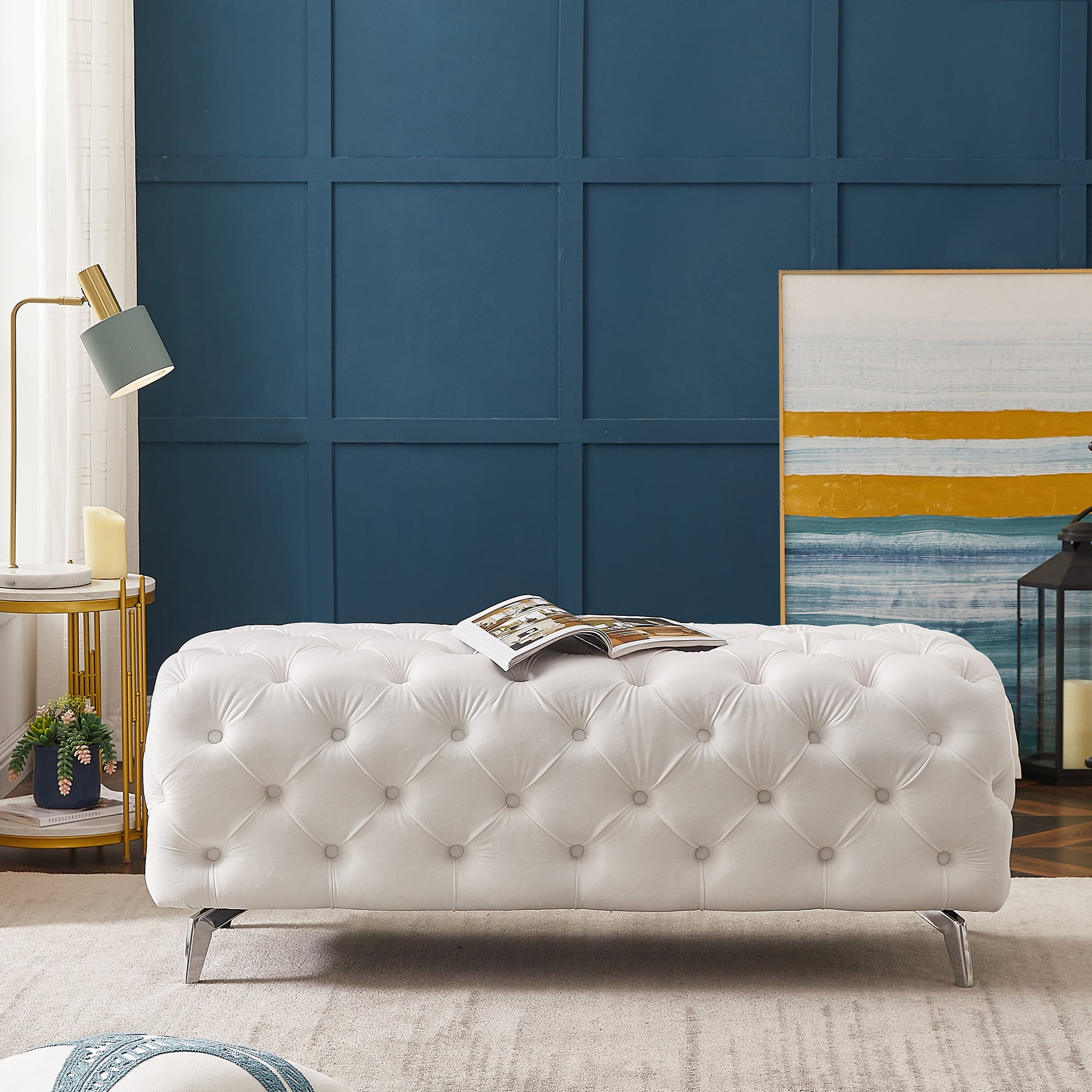 Kepooman 51 Inches Modern Velvet Bedroom Bench, Button-Tufted Upholstered Ottoman End of Bed Bench for Entryway Living Room Bedroom, White Kepooman 51 Inches Modern Velvet Bedroom Bench, Button-Tufted Upholstered Ottoman End of Bed Bench for Entryway Living Room Bedroom, White
