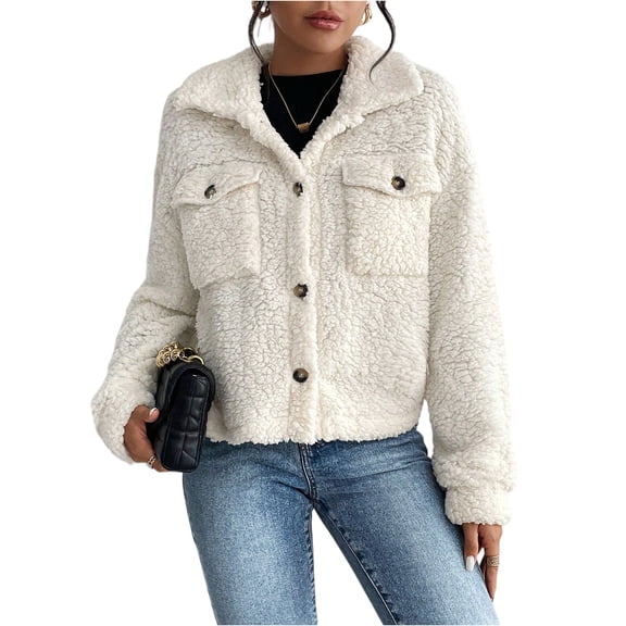 Xyxonk Womens Sherpa Jacket Button Down Fuzzy Fleece Jacket Long Sleeve Thickened Coat with Pocket Winter Fashion Lapel Outwear,White L
