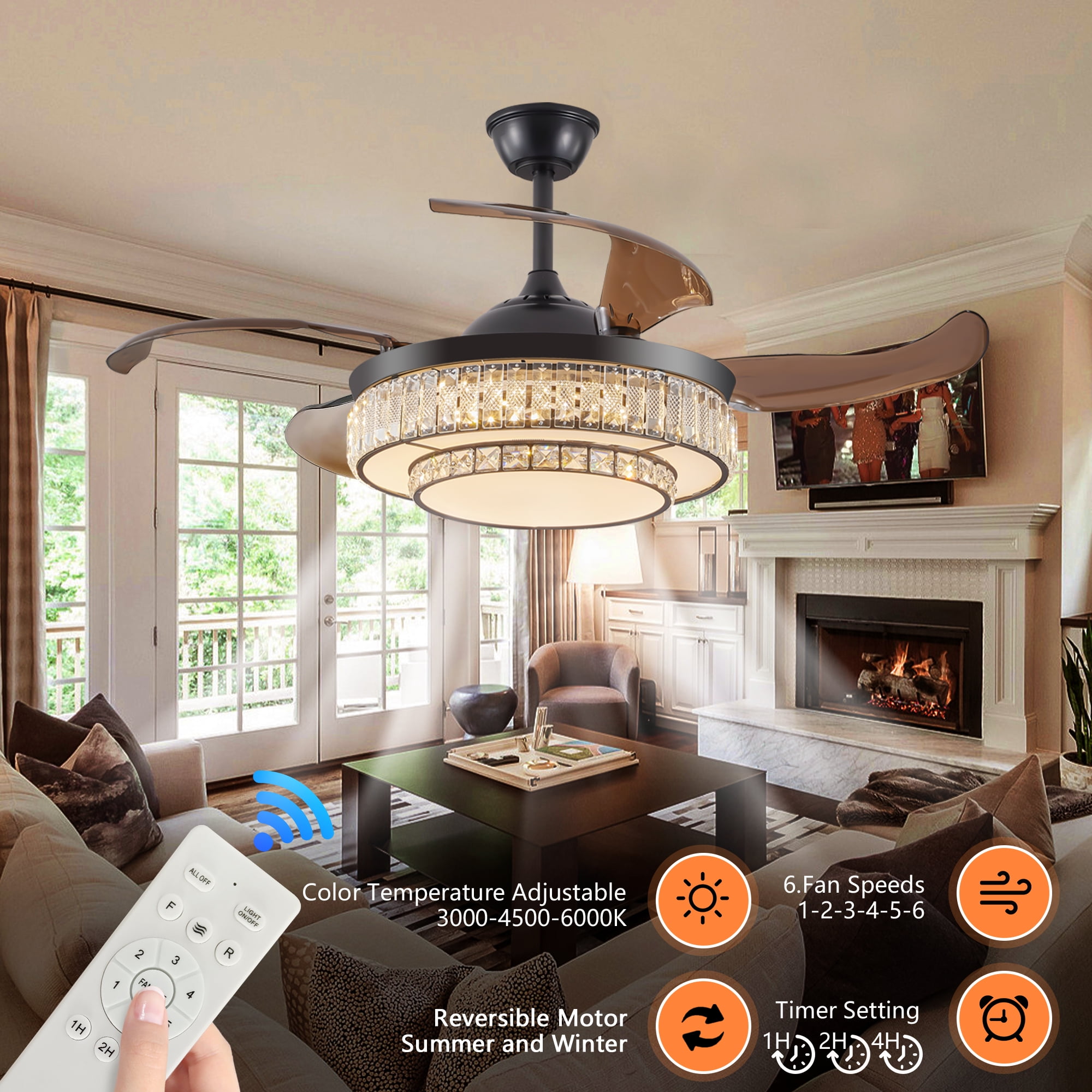 Jopath 48" Retractable Crystal Ceiling Fan with Light and Remote Control, 6-Speed Quiet ,4 Blades Modern Ceiling Fans for Kitchen Bedroom Dining Room Patio