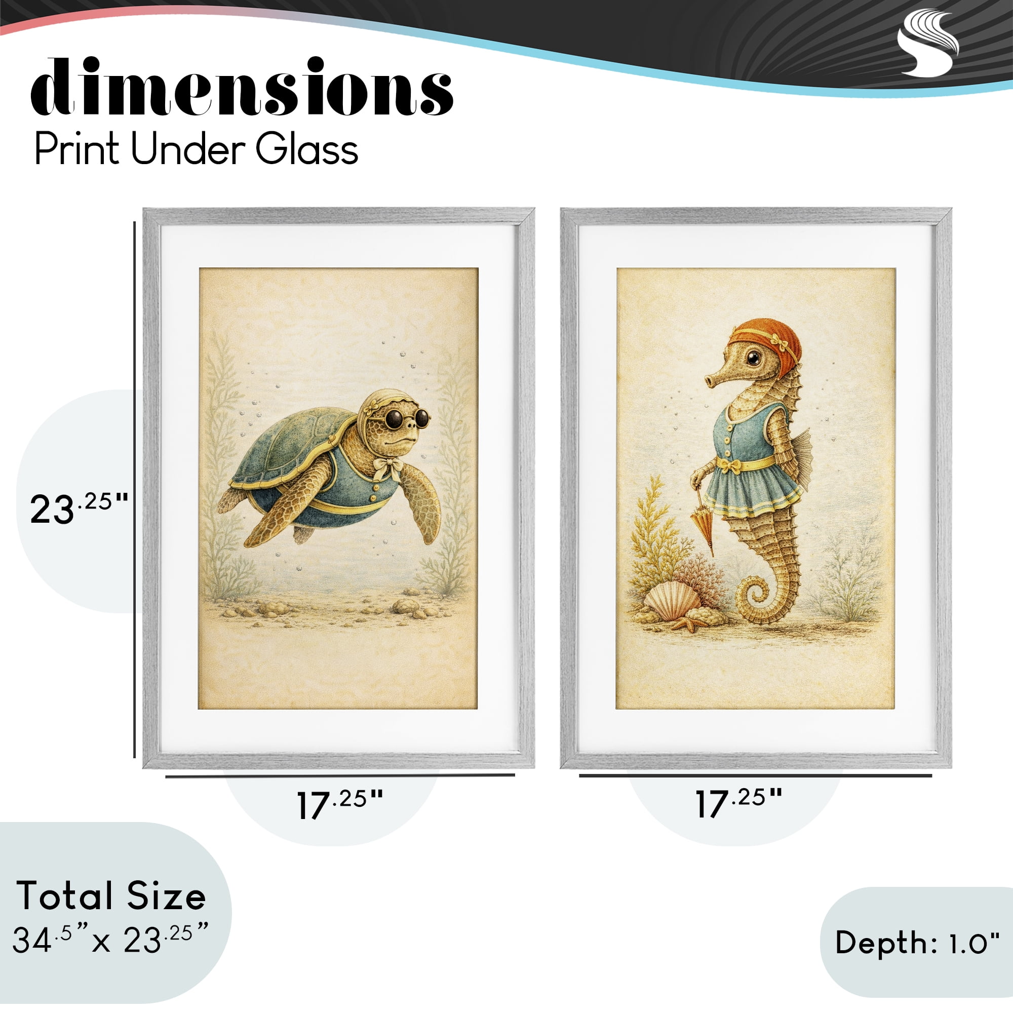 Stupell Industries Vintage Maritime Bathing Animals 2 Piece Gray Framed Print Under Glass Set, design by Grotto Studios