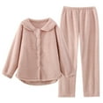 thumbnail image 2 of Aoujea Up to 50% off Ladies Pajamas Sets Plus Size Long Sleeve Pajamas for Women Comfy Casual Loose Solid Color Lamb Wool Button Long Sleeve Turndown Collar Set on Clearance, 2 of 5