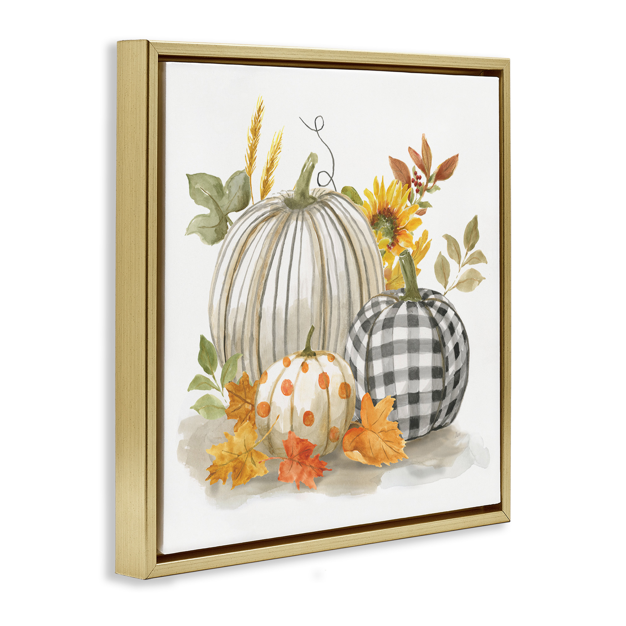 Stupell Industries Patterned Pumpkins Autumn Harvest Botanical & Floral Painting Gold Floater Framed Canvas Art Print Wall Art, 25 x 25