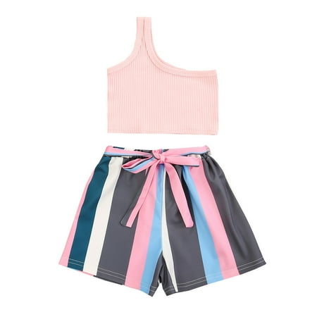 

Summer Toddler Girls Sleeveless Solid Color Ribbed Tops Striped Shorts 2PCS Outfits Set Clothes Kids Child Clothing Streetwear Dailywear Outwear