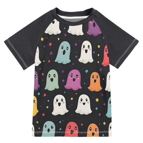 FORMRS Boys Rash Guard with Short Sleeves UPF 50 Swim Shirts Sizes 3-12T, Colorful Halloween Ghost