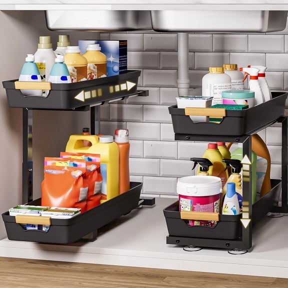 Enogets 2-Pack Under Sink Organizer, 2-Tier Pull-Out Storage Shelf for Kitchen & Bathroom – Black