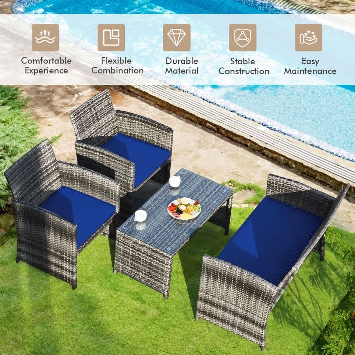 Aimee Lii 4 Pieces Wicker Patio Furniture Set with Cushions, Wicker Outdoor Sectional, Navy Aimee Lii 4 Pieces Wicker Patio Furniture Set with Cushions, Wicker Outdoor Sectional, Navy