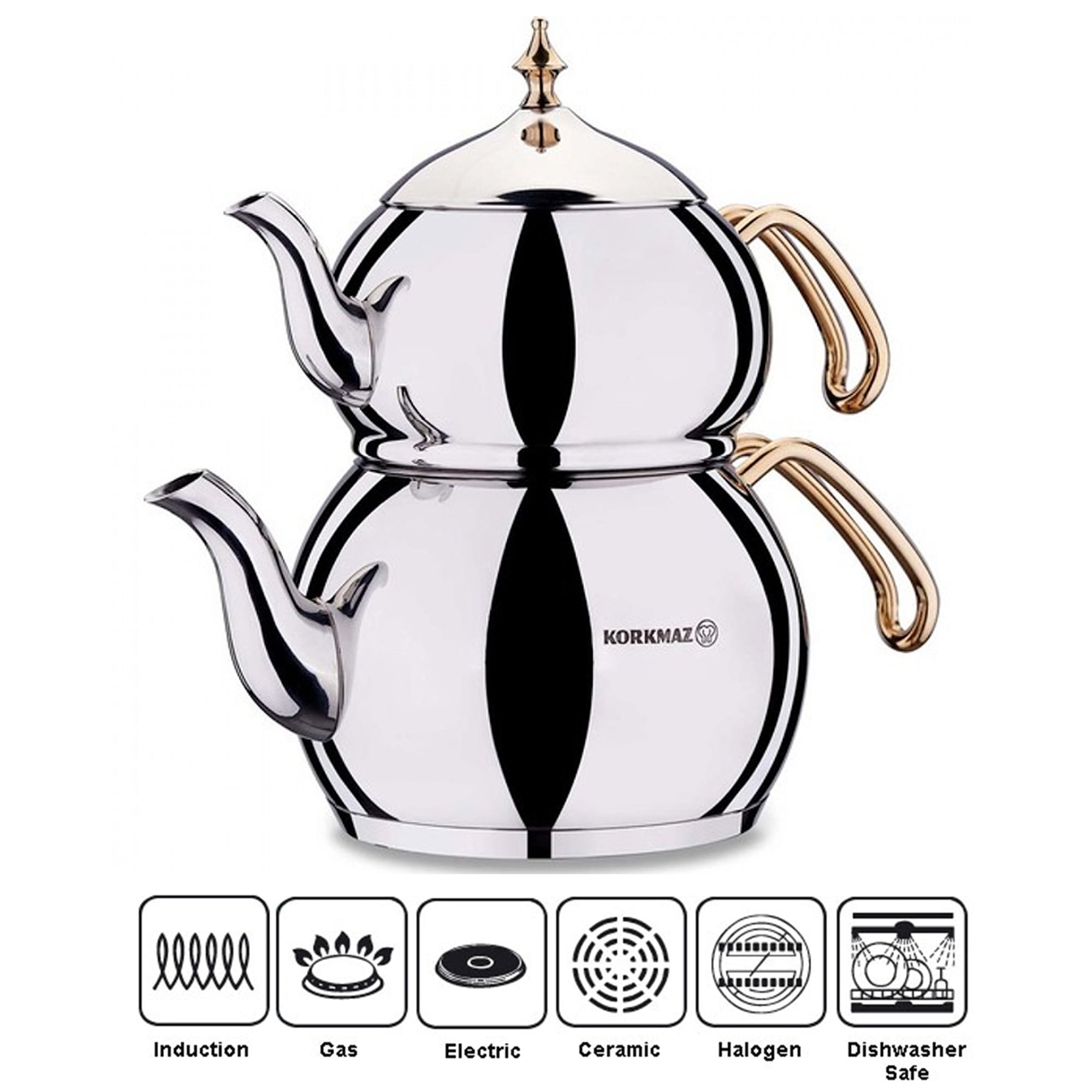 Korkmaz A222-01 Hanedan Gold Turkish Teapot Set for Stovetop, 18/10  Stainless-steel Double Tea Maker with Gold Handles, Samovar Style Tea  Kettle with