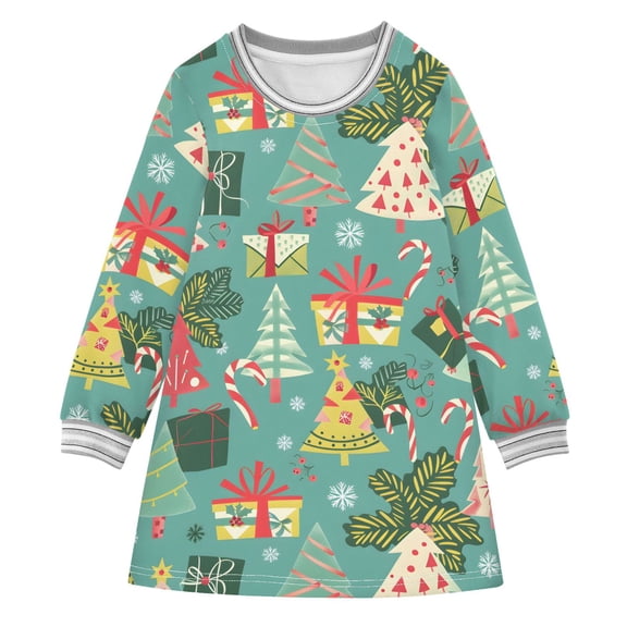 Girls' long-sleeved dress Christmas Decorated Christmas Tree Girls' A-line dress with ribbed cuffs Soft and comfortable