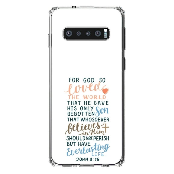 DistinctInk Clear Shockproof Hybrid Case for Samsung Galaxy S10 (6.1" Screen) - TPU Bumper, Acrylic Back, Tempered Glass Screen Protector - John 3:16 - For God So Loved The World