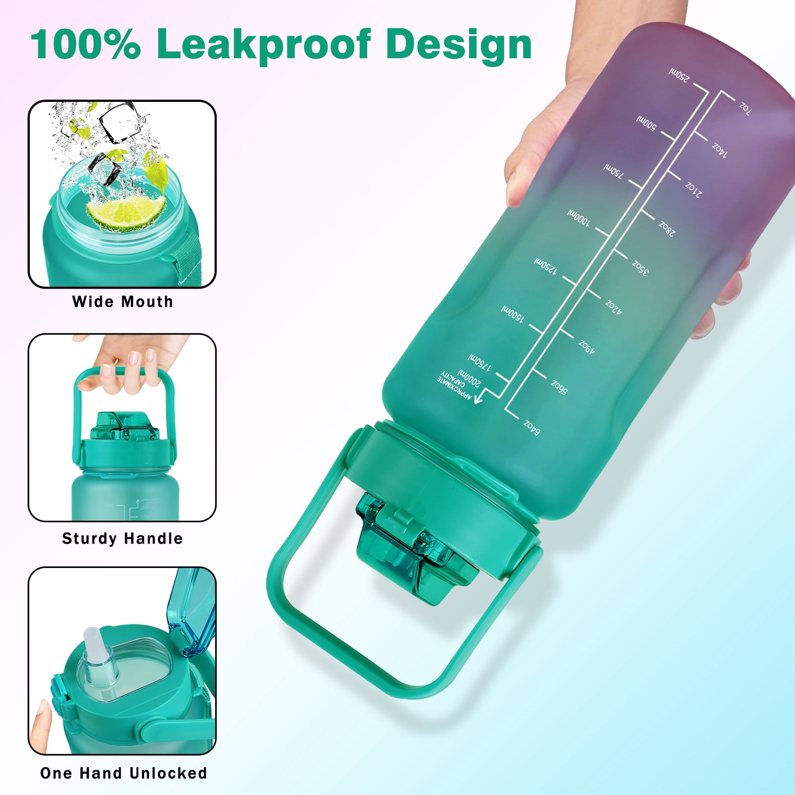 Avocado 64 Oz Water Bottle with Measurements - BPA Free Leakproof Sport Large Plastic Water Bottle with Straw & Time Marker & Insulated Neoprene Holder Carrier Bag Great Gift for Women Men