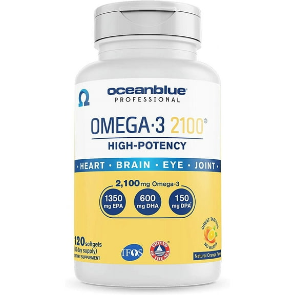 Oceanblue Omega-3 2100 - 120 ct - Triple Strength Burpless Fish Oil Supplement with High-Potency EPA, DHA, DPA - Wild-Caught - Orange Flavor (60 Servings) - New Packaging
