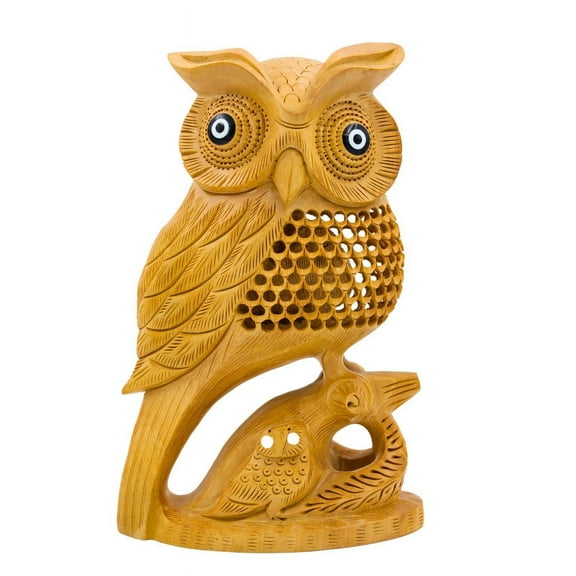 Elegant Wooden Owl Sculpture, 21 cm - Intricate Feather Patterns, Brown Finish