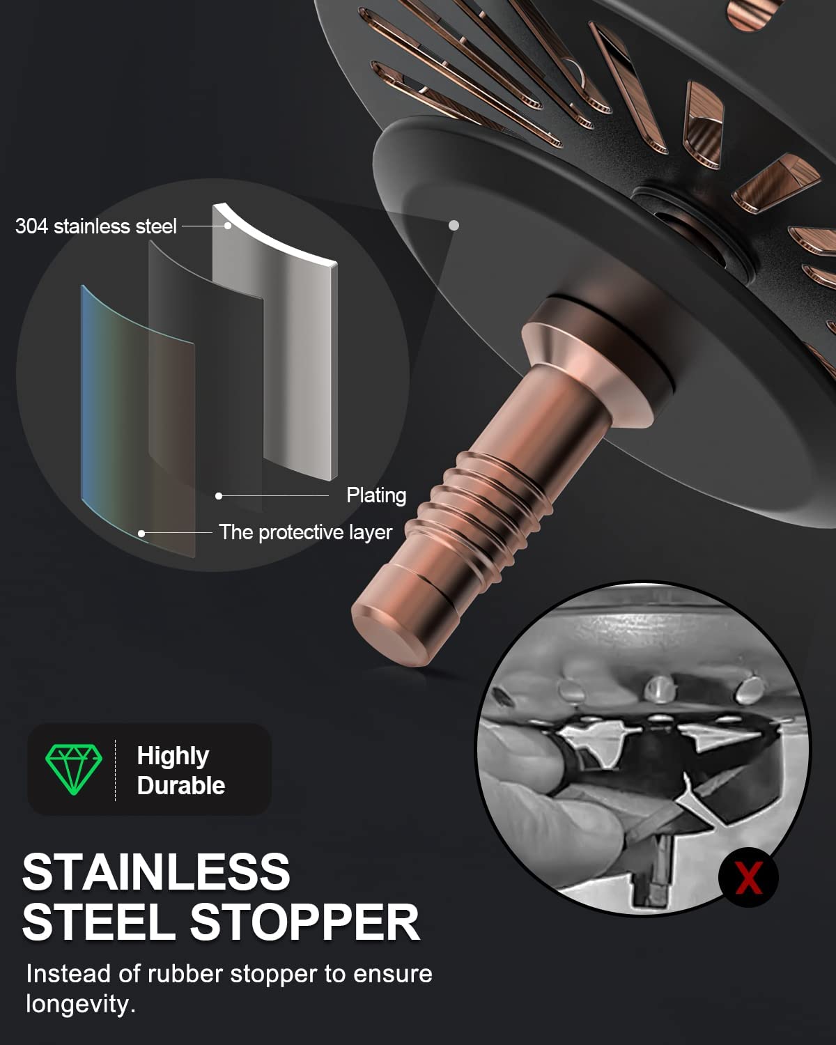 Gold Kitchen Sink Drain Kit 3 1/2 Sink Strainer for Kitchen Sink with Stainless Steel Strainer Stopper Drain Assembly Basket Strainer Fit Standard Sink Drain Hole