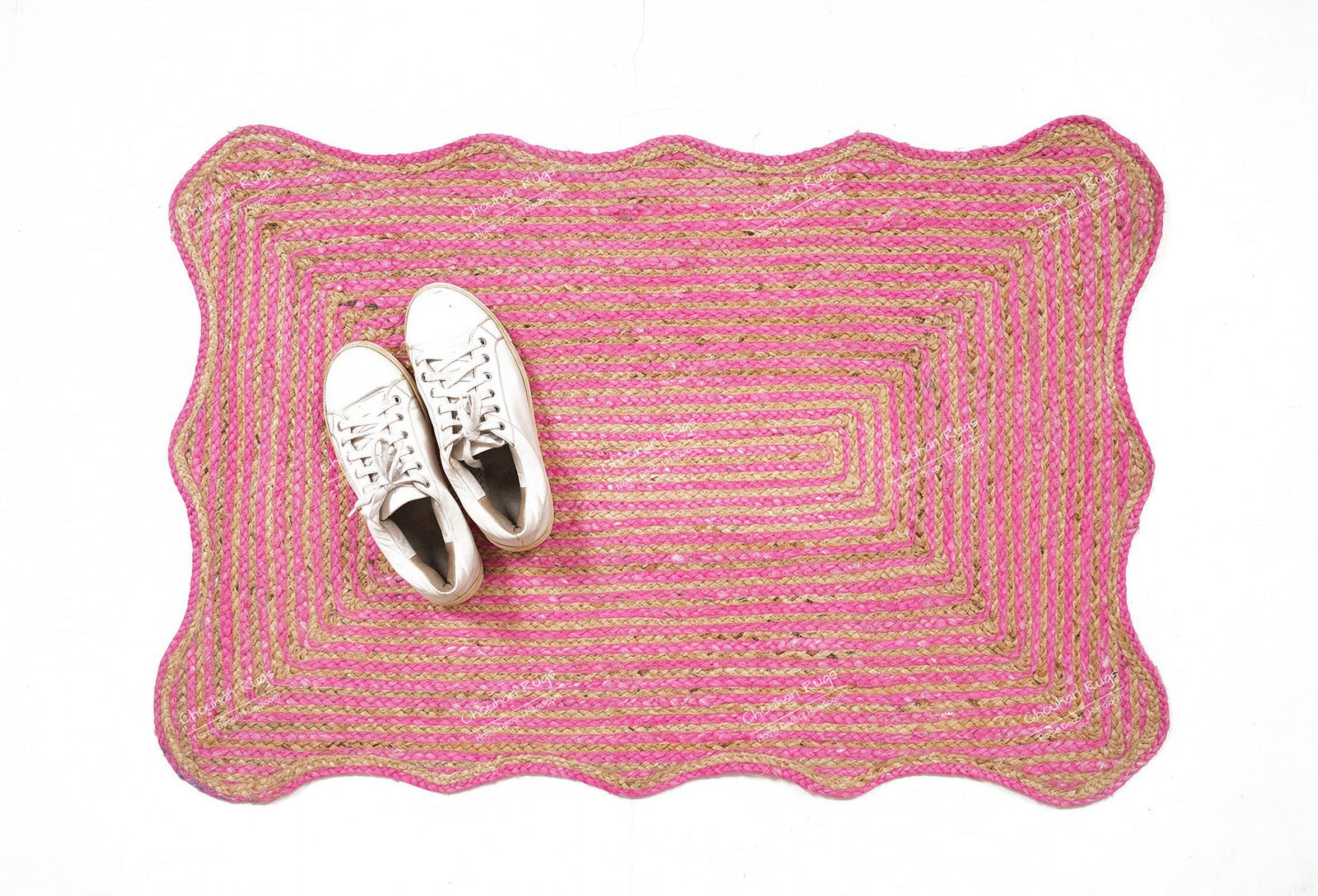 Rectangle Rug Natural Jute Rug Hand Braided Beige and Pink Color Rounding Line Area Rug