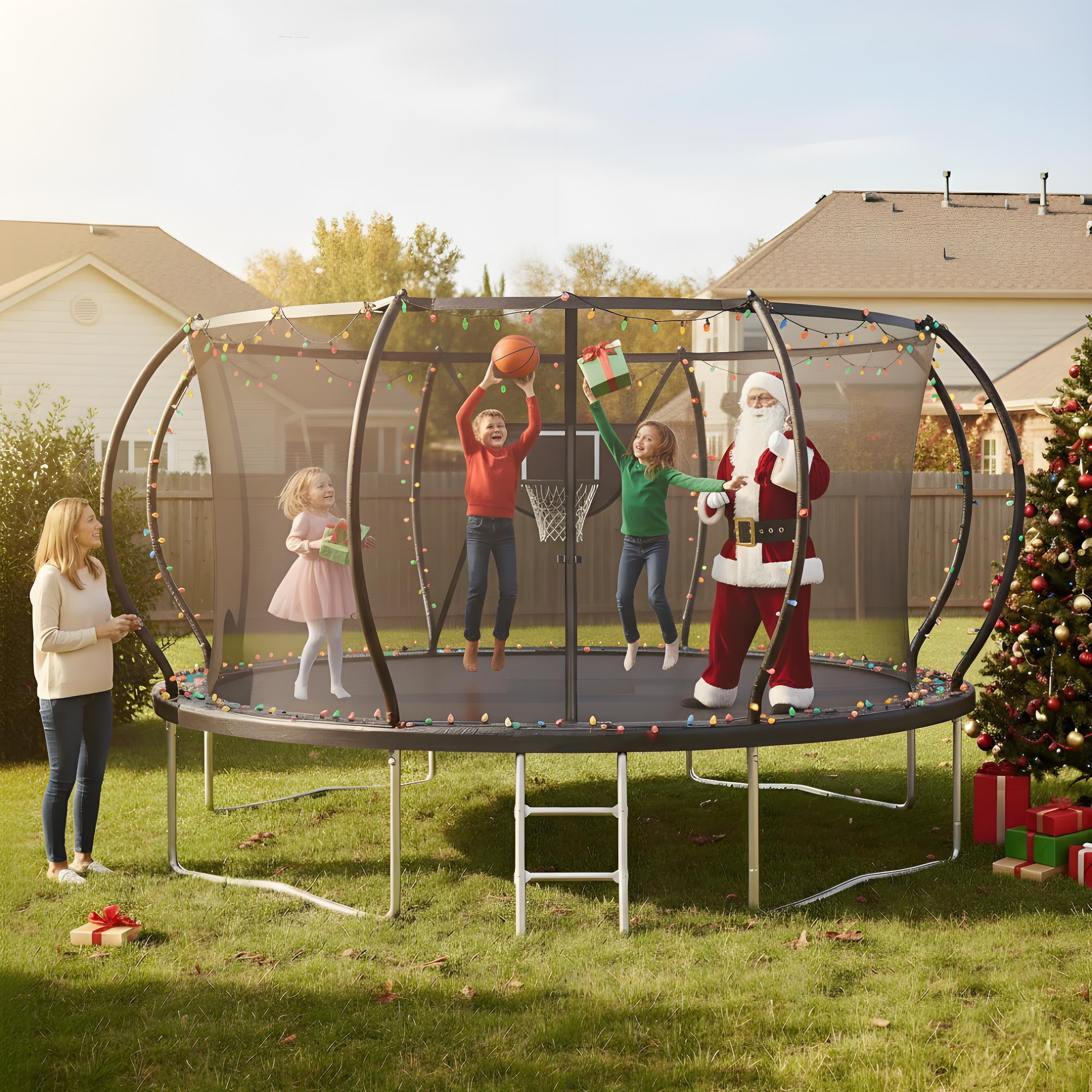 Jump Into Fun Trampoline, 12FT 10FT 14FT 16FT 1200LBS Trampoline for Adults and Kids, Trampoline with Enclosure, Basketball Hoop and Basketball, Outdoor Heavy Duty Pumpkin Trampoline