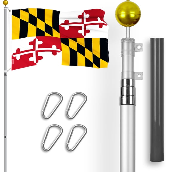 G128 Combo Pack: 16 Ft Telescoping Aluminum Flagpole (Silver) & Maryland MD State Flag 3x5 Ft, ToughWeave Series Embroidered 300D Polyester | Pole with Flag Included