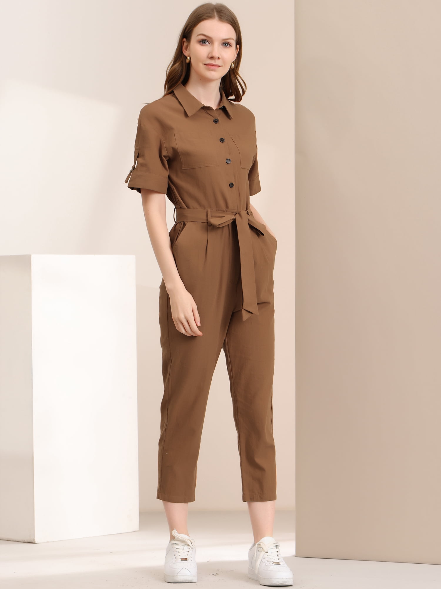 DARING DIVA Women's Short Sleeve Collared Cropped Button Down Tie Waist Jumpsuit S Brown
