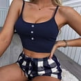 thumbnail image 3 of Tnhcen Women's Solid Color Button Crew Neck Tank & Plaid Elastic Waistband Shorts Sleepwear Set Cute Pajamas Homewear S to XL, 3 of 4