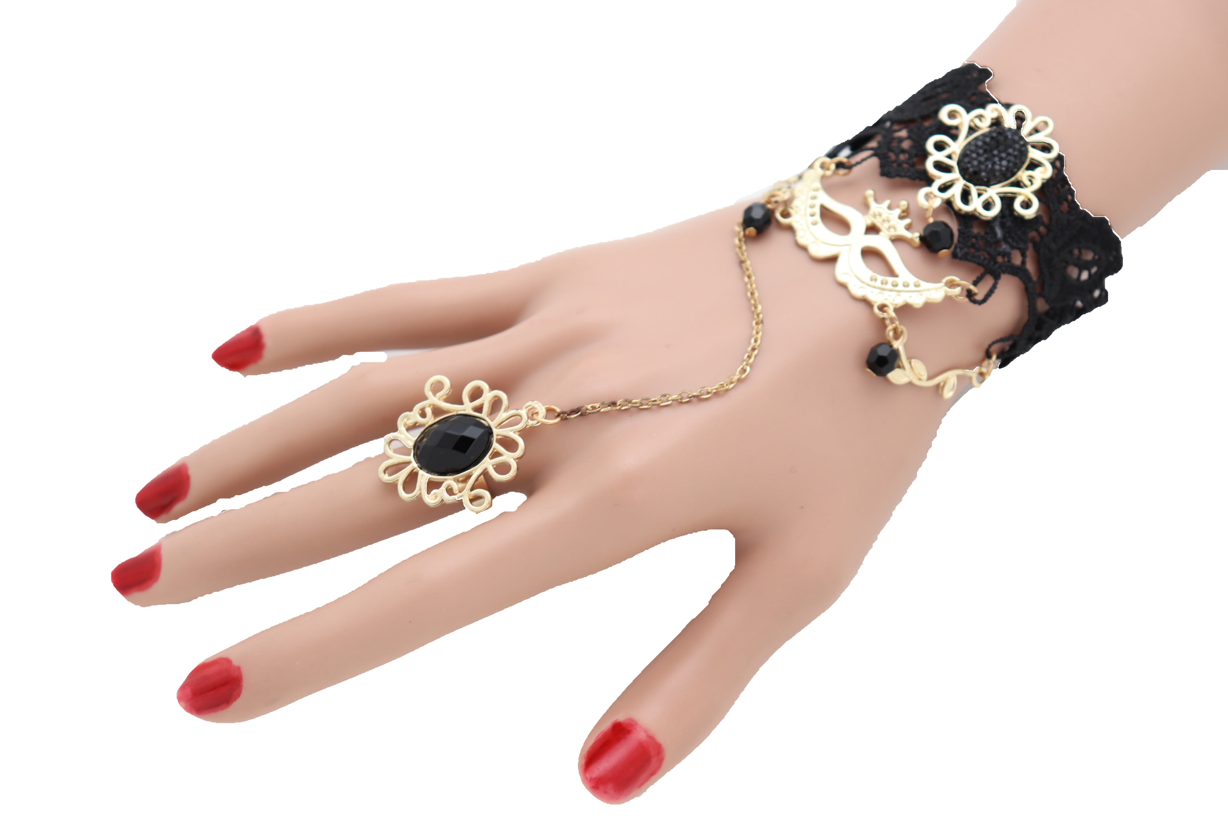 Women Gold Metal Hand Chain Black Flower Lace Bracelet Ring - Walmart.com