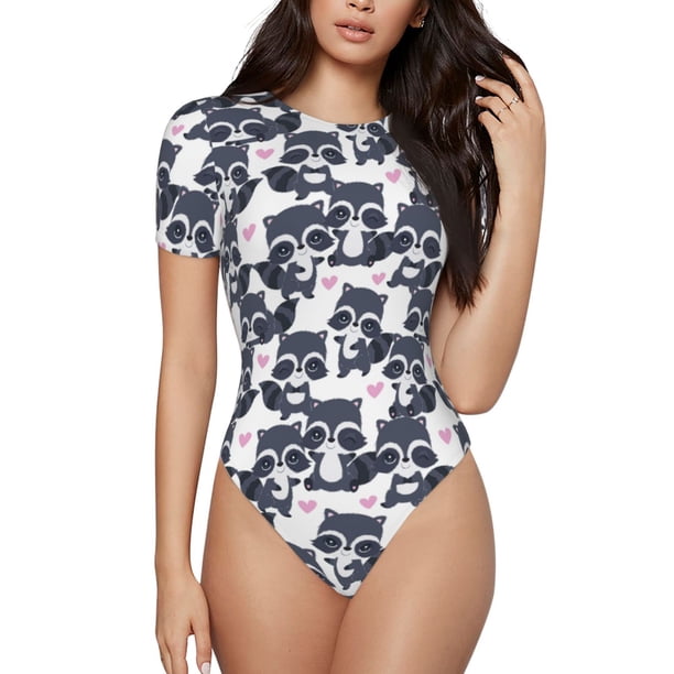 Fotbe Cartoon Raccoon Body de Mujer con Cuello Redondo y Mangas Cortas, Sin Mangas Ajustado, Suave, Cómodo y Básico-XX-Large