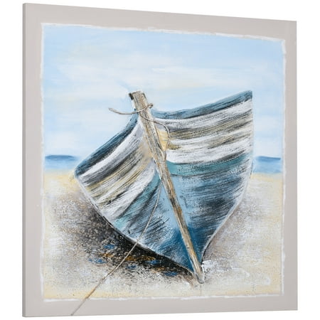 HOMCOM Hand-Painted Canvas Wall Art, Painting Artwork Blue Boat in the  Beach for Living Room Bedroom Decor, 35.5