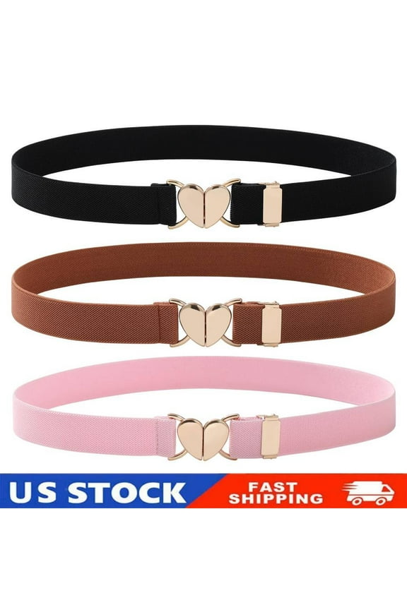 3PCS Kids Elastic Belt for Girls - Adjustable Toddler Heart Buckle Stretch Belts